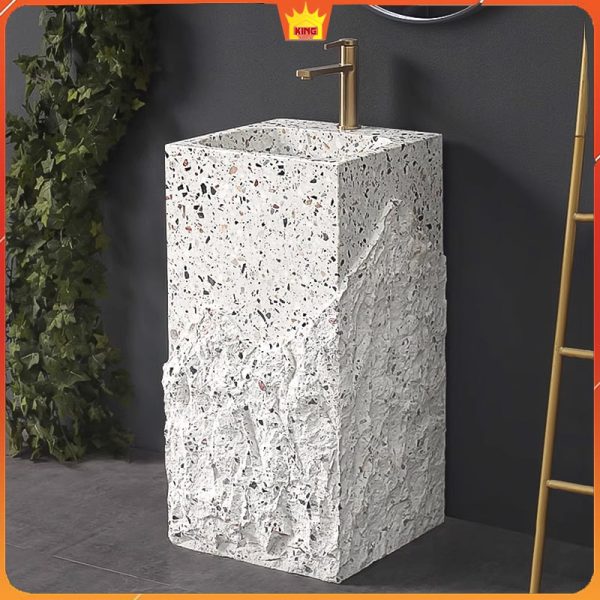 Lavabo đá marble HM50 nguyên khối, thiết kế sang trọng với vân đá đen trắng đặc trưng