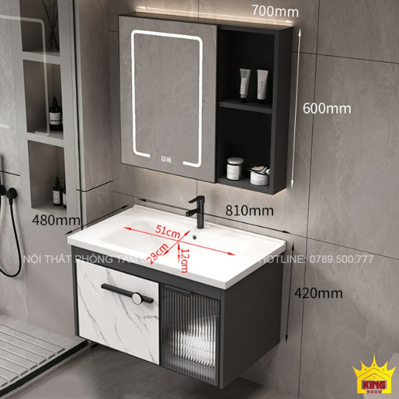 Tủ lavabo phòng tắm bằng inox 304 với kích thước chi tiết và tủ gương có đèn LED, tạo nét đẹp hiện đại
