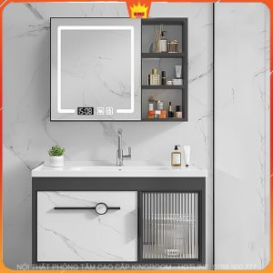 Phòng tắm hiện đại với tủ lavabo inox 304 BN3, tủ gương LED thông minh và kệ đựng mỹ phẩm sang trọng