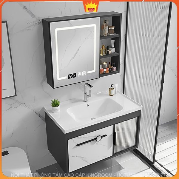 Không gian phòng tắm cao cấp với tủ lavabo inox 304 BN3 kết hợp hoàn hảo cùng tủ gương LED và phụ kiện đẳng cấp