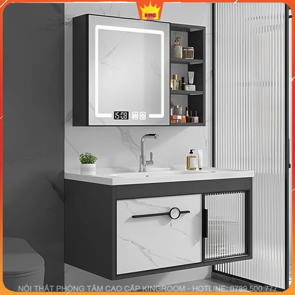 Tủ lavabo inox 304 BN3 thiết kế tối giản, đèn LED tích hợp trên tủ gương tạo điểm nhấn cho không gian phòng tắm