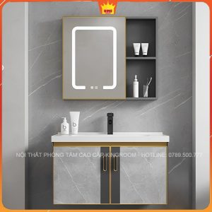 hiết kế nội thất phòng tắm cao cấp với tủ lavabo inox 304 và gương đèn LED thông minh