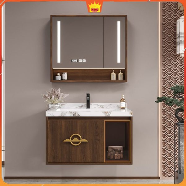 Bộ tủ lavabo phong cách hiện đại với gương LED và chi tiết đồng vàng, hài hòa với nội thất phòng tắm