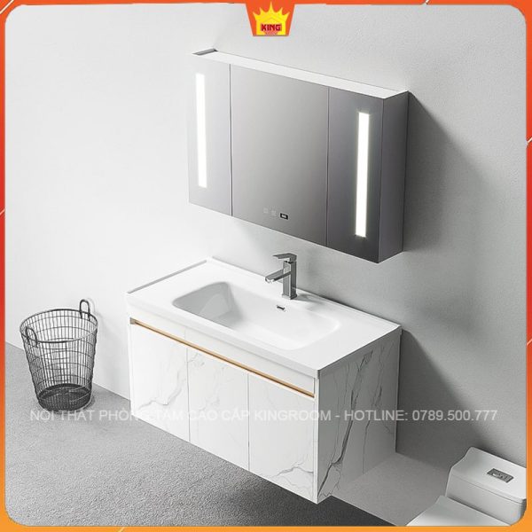 Tủ lavabo phòng tắm sang trọng với chất liệu inox KH3, màu đá marble trắng, và gương có đèn LED