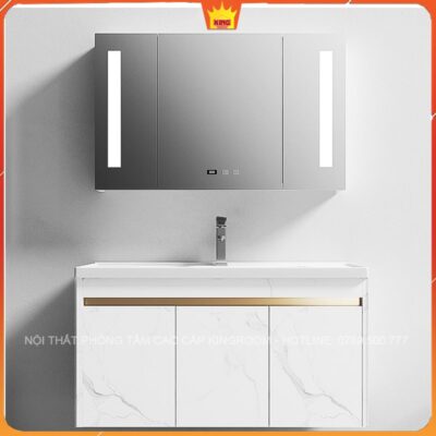 Thiết kế nội thất phòng tắm với tủ lavabo inox KH3 màu trắng, gương đèn LED thông minh