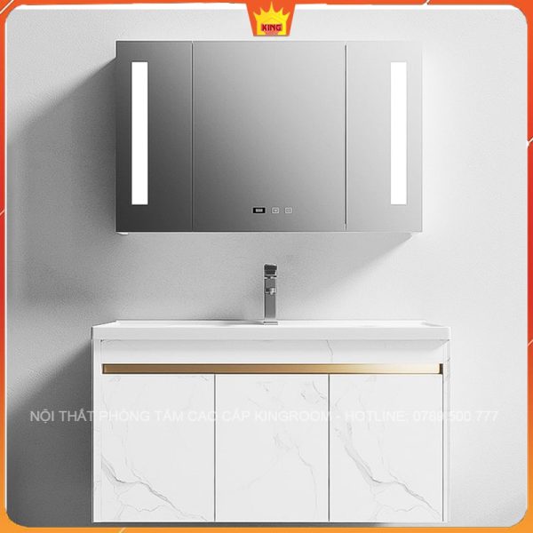 Thiết kế nội thất phòng tắm với tủ lavabo inox KH3 màu trắng, gương đèn LED thông minh