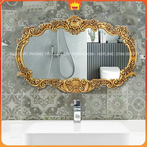 Gương cổ điển HS01 trong phòng tắm phong cách vintage, khung vàng điêu khắc chi tiết