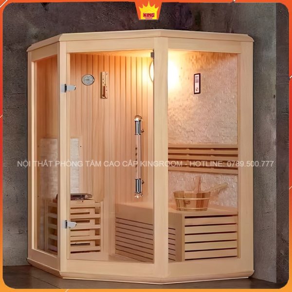 Phòng Xông Hơi Đá Muối MH2 chiếu sáng ấm cúng, thiết kế với gỗ sáng màu và đá muối hồng.