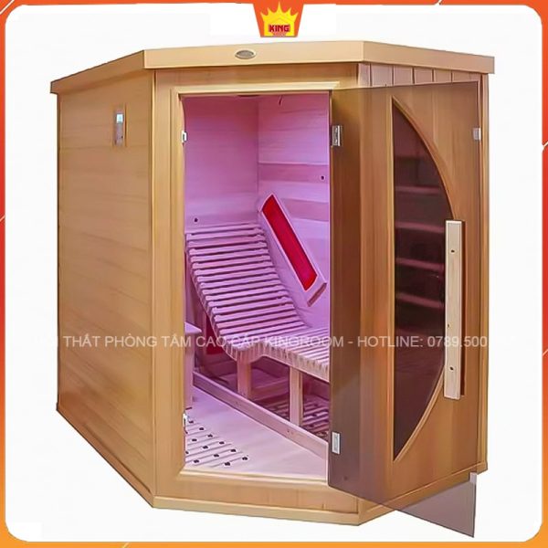 Phòng xông hơi khô SM3 màu gỗ sáng, được trang bị ghế gỗ và đèn hồng ngoại, cho trải nghiệm xông hơi tốt nhất