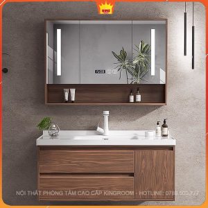 Bộ tủ phòng tắm bằng inox mạ màu vân gỗ sang trọng với gương LED thông minh và không gian cất trữ rộng rãi.