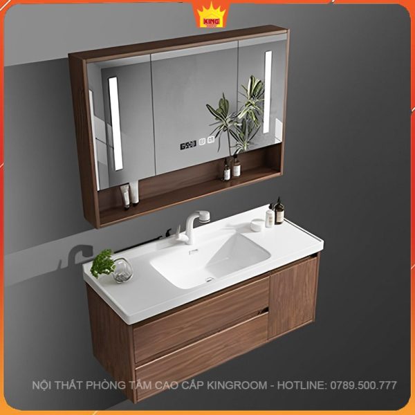 Bộ tủ phòng tắm với gương LED thông minh, hoàn thiện vân gỗ, và thiết kế cất trữ hiệu quả