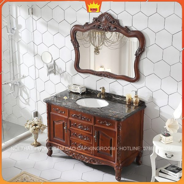 Tủ lavabo gỗ sồi với gương cầu kỳ và chậu rửa âm bàn đá cẩm thạch