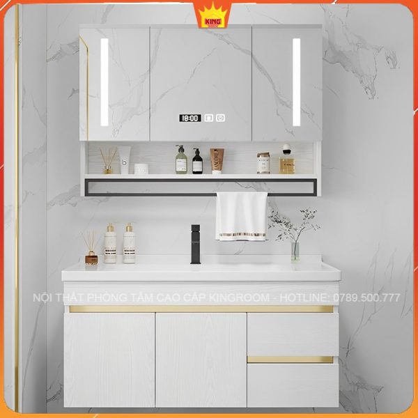 Tủ lavabo màu trắng hiện đại kết hợp chậu sứ cao cấp và gương LED