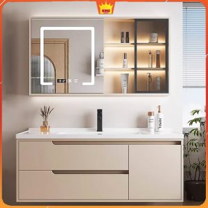 Thiết kế nội thất phòng tắm cao cấp với tủ lavabo inox 304 M60 và gương đèn LED tích hợp thông minh