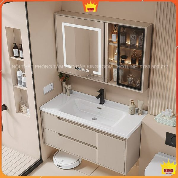 Góc phòng tắm hiện đại với tủ lavabo inox 304 M60, gương đèn LED tích hợp và không gian lưu trữ rộng rãi