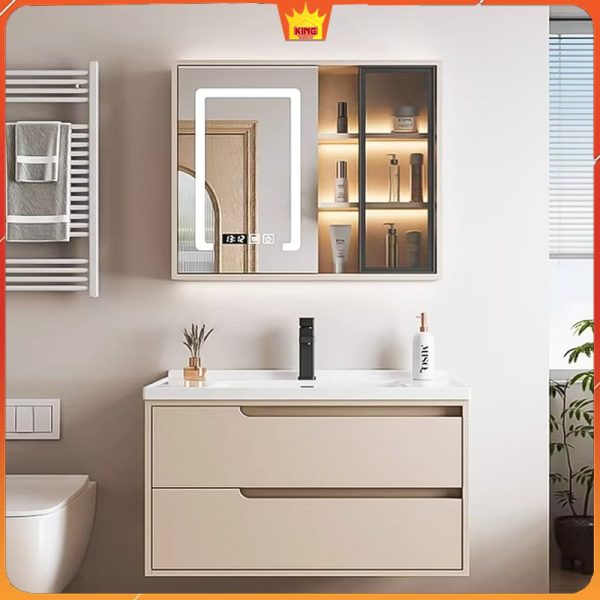 Không gian phòng tắm sang trọng với tủ lavabo inox 304 M60 kết hợp gương đèn LED và kệ đựng sản phẩm tiện ích