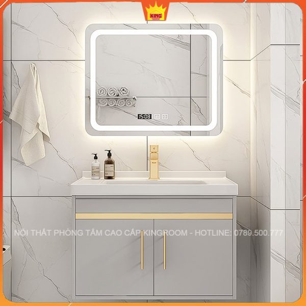 Tủ lavabo Inox 304 NA7 màu xám dưới gương đèn LED vuông vắn, thiết kế đơn giản nhưng tinh tế, mang đến vẻ đẹp đẳng cấp