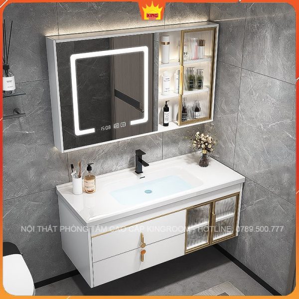 Tủ Lavabo Inox 304 TH80 kết hợp hoàn hảo với gương đèn LED và kệ tường sang trọng cho phòng tắm.
