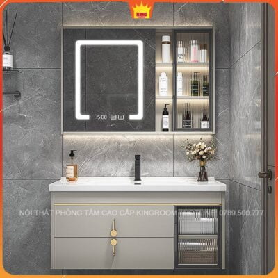 Tủ Lavabo Inox 304 TH80 kết hợp mặt bàn màu trắng, vòi nước đen, tường ốp đá xám, và hoa trang trí