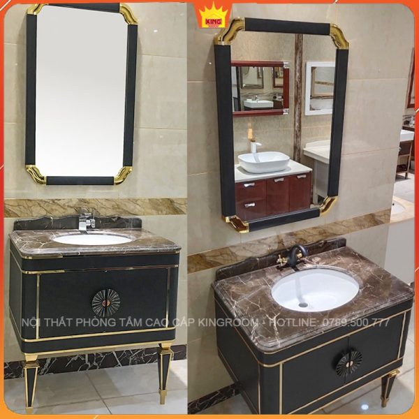 Tủ lavabo K5 với mặt đá cẩm thạch đen, viền vàng và gương, phong cách đương đại