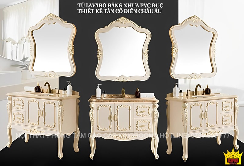 Tủ Lavabo phong cách tân cổ điển màu kem với chi tiết hoa văn và gương cầu kỳ