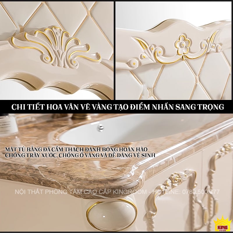 Chi tiết hoa văn mạ vàng trên tủ lavabo nhựa PVC tân cổ điển, thể hiện sự sang trọng và tinh xảo