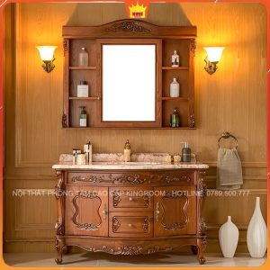 Tủ lavabo phong cách tân cổ điển với đường nét chạm khắc gỗ tinh xảo và gương cổ điển