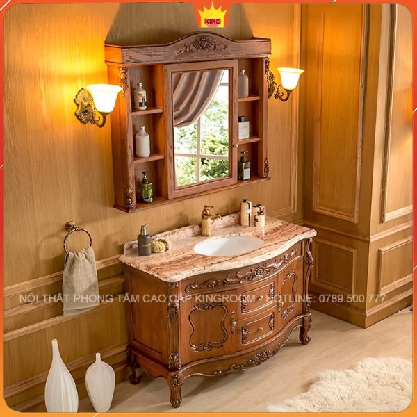Tủ lavabo tân cổ điển với thiết kế gỗ và gương phản chiếu không gian ấm cúng, mời gọi.