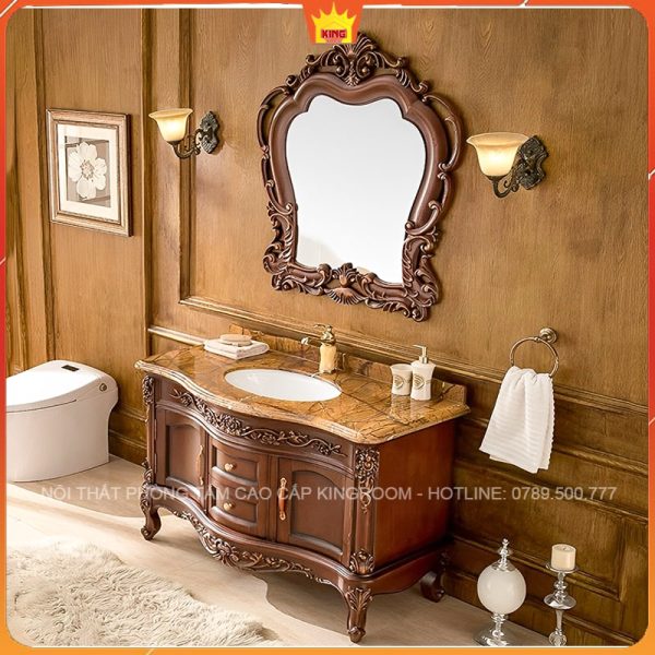 Tủ Lavabo Tân Cổ Điển H6 màu nâu cổ điển kết hợp với gương khung gỗ chạm trổ