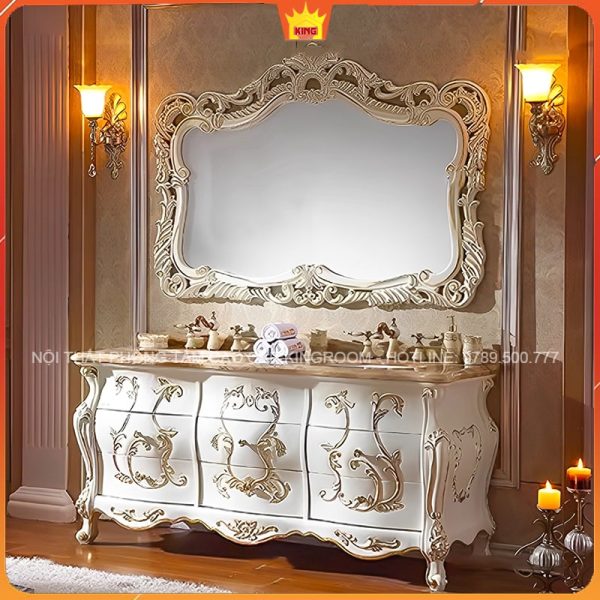 Bộ tủ lavabo tân cổ điển màu trắng K905 với gương điêu khắc và chi tiết vàng