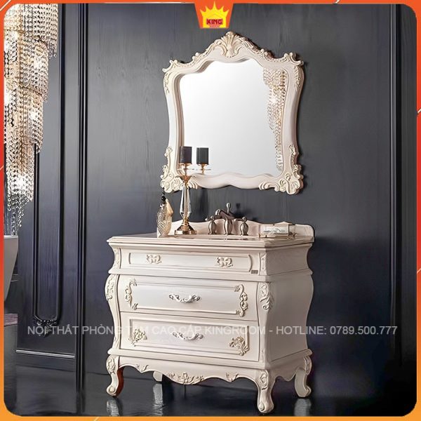 Tủ Lavabo màu trắng với hoa văn điêu khắc chi tiết và gương phong cách