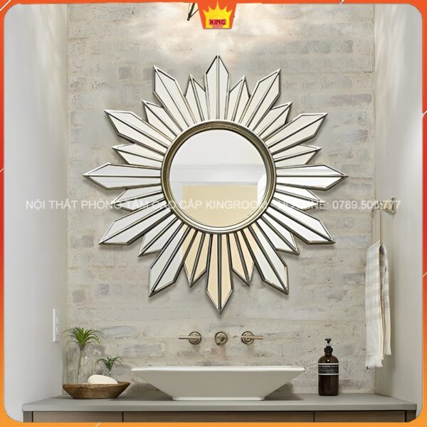 Gương mặt trời khung bạc trang trí phòng tắm, phong cách tối giản