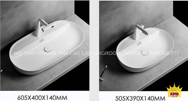 Lavabo Đặt Bàn Aqua DH70, hai kích thước khác: 605x400x140mm và 505x390x140mm.