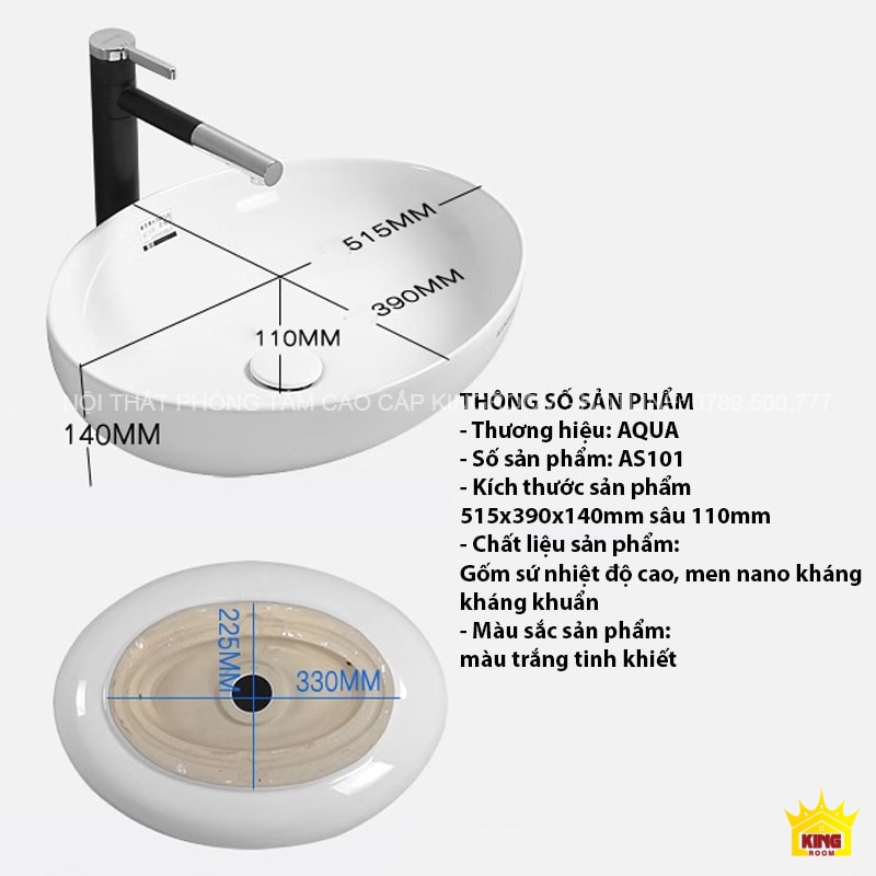 Lavabo đặt bàn hình bầu dục Aqua AS101 với kích thước 515x390x140mm, chất liệu gốm sứ nhiệt độ cao, màu trắng.